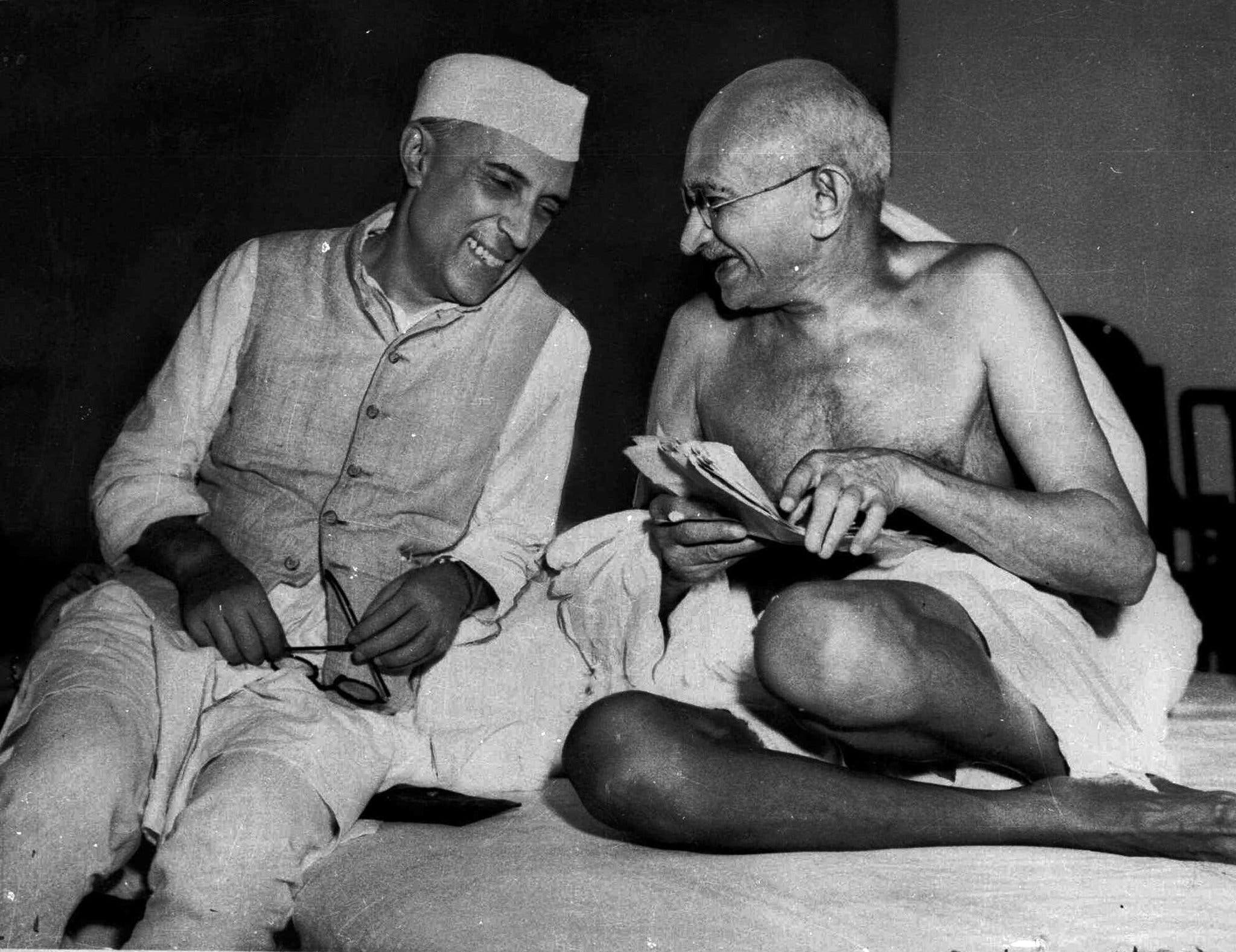 Left to right:  Pandit Jawaharlal Nehru, 14 November 1889 – 27 May 1964) was an Indian independence activist, and subsequently, the first Prime Minister of India and a central figure in Indian politics before and after independence.  Mohandas Karamchand Gandhi,  2 October 1869 – 30 January 1948) was an Indian lawyer, anti-colonial nationalist, and political ethicist, who employed nonviolent resistance to lead the successful campaign for India's independence from British Rule, and in turn inspire movements for civil rights and freedom across the world.-James Wilson